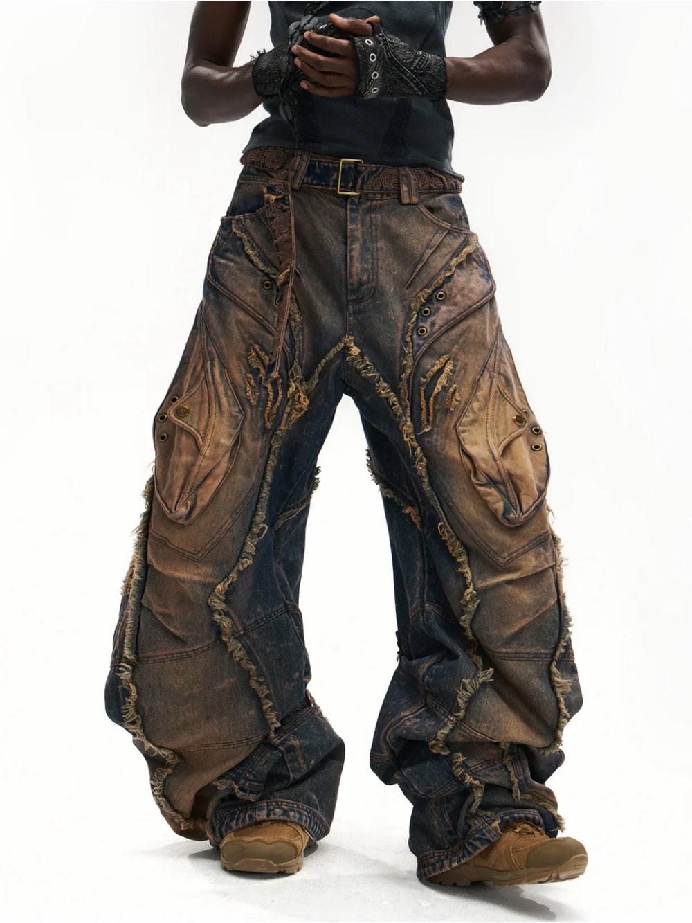 PERSONSOUL Vintage Wash Curved Leg Patchwork Jeans with Adjustable Length